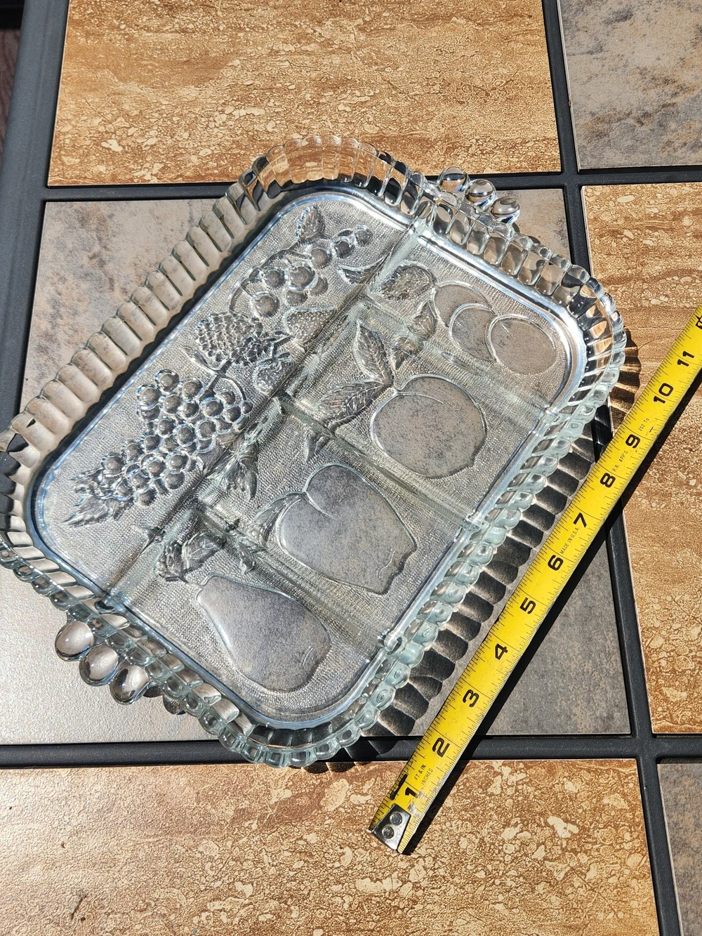 Indiana Glass Clear Pressed Glass Divided Serving Tray With Fruit Design